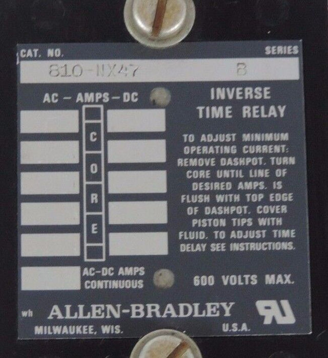 ALLEN BRADLEY 810-NX47 SER B INVERSE TIME RELAY 810NX47