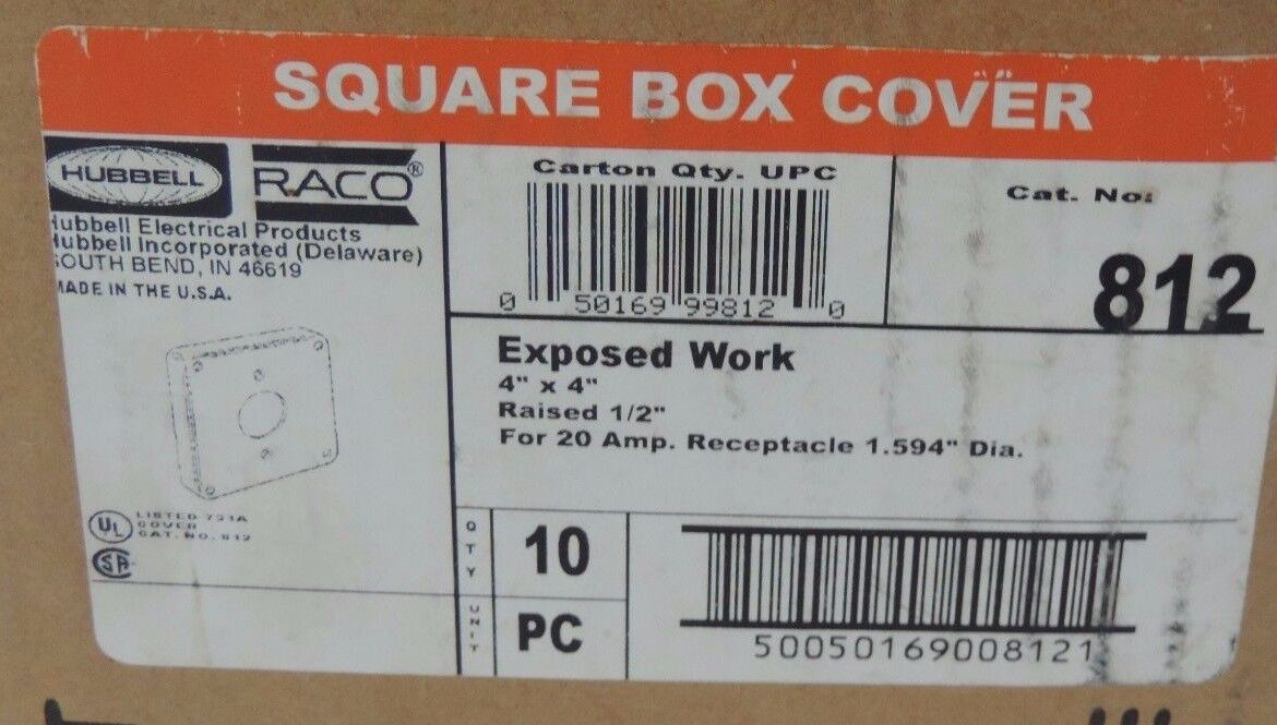 BOX OF 8 NEW HUBBELL 812 4'' SQUARE COVERS RAISED 1/2''