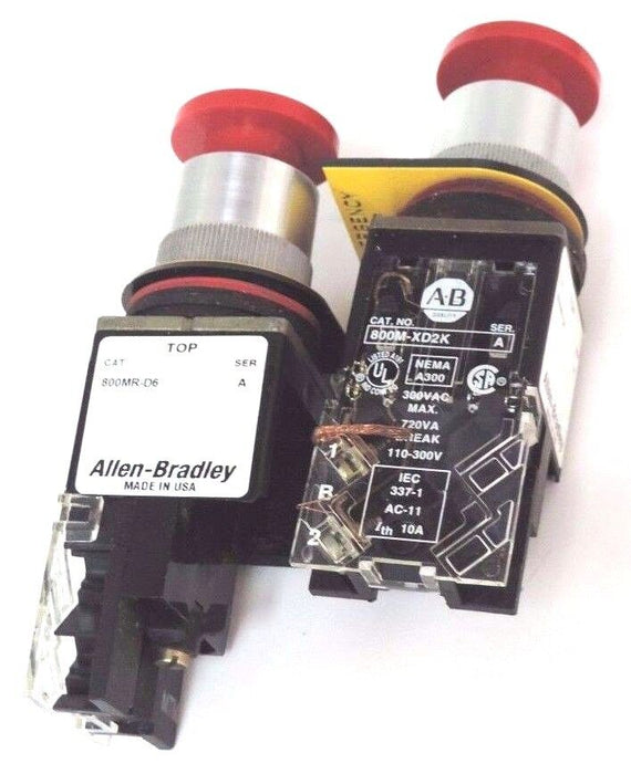 LOT OF 2 ALLEN BRADLEY 800MR-D6 PUSHBUTTONS SER. A W/ 800M-XD2K SER. A CONTACTS