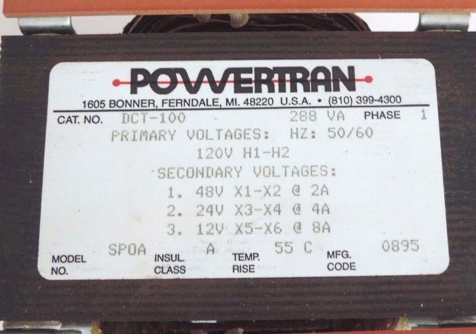 NIB POWERTRAN DCT-100 TRANSFORMER 288VA, PHASE 1, 50/60HZ, 120V H1-H2, DCT100