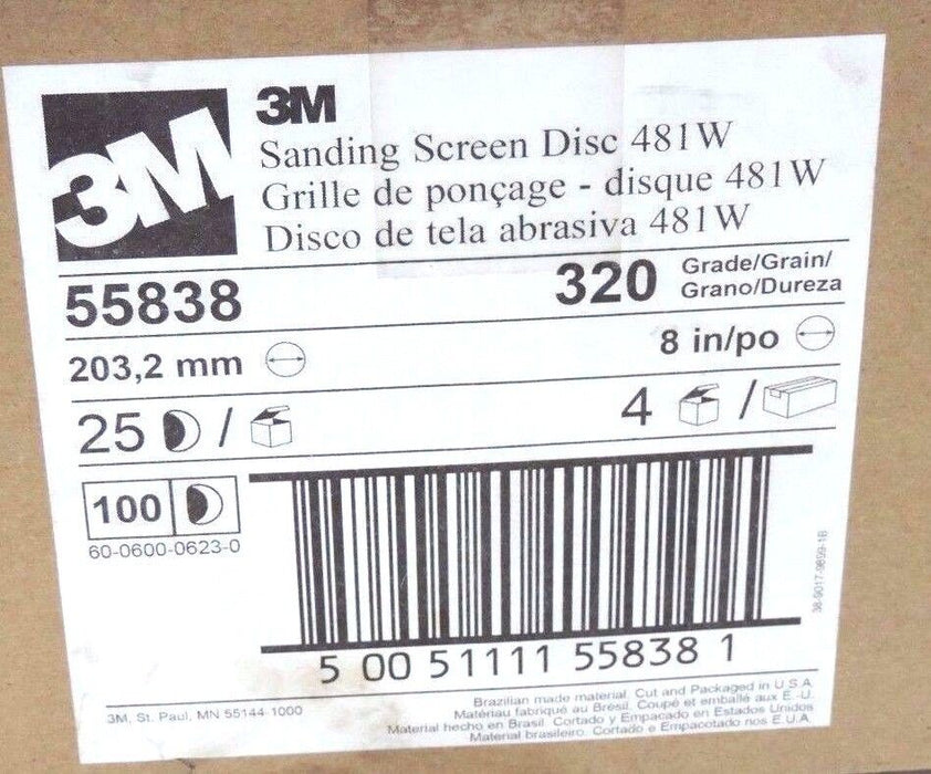 LOT OF 100 NEW 3M 55838 SANDING SCREEN DISCS 481W, 8'' DIA. 320 GRADE