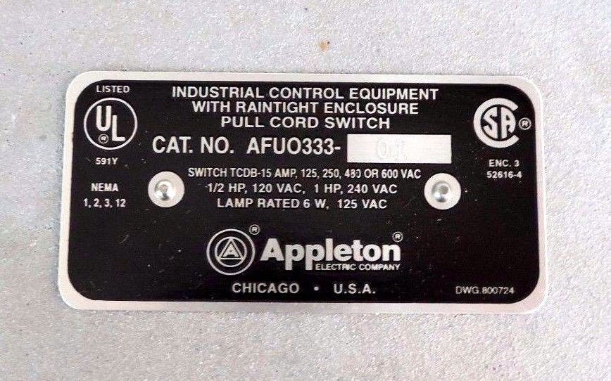 NIB APPLETON AFU0333-01 PULL CORD SWITCH AFUO333-01, AFU033301