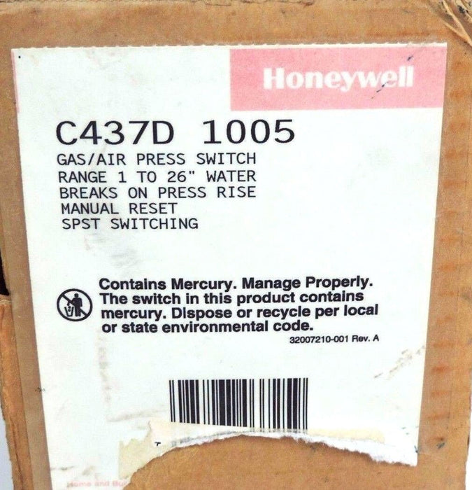 NIB HONEYWELL C437D 1005 GAS/AIR PRESSURE SWITCH 1-26'', C437D1005