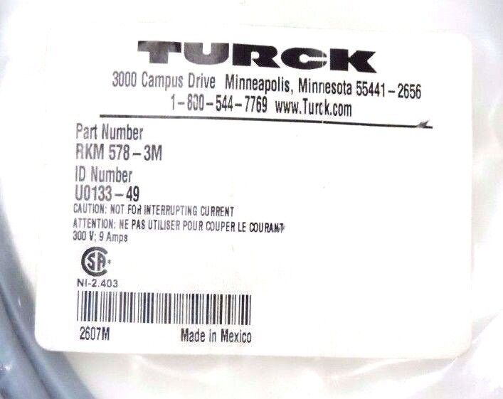 NIB TURCK RKM 578-3M MINIFAST CORDSET 3M, U0133-49, RKM5783M