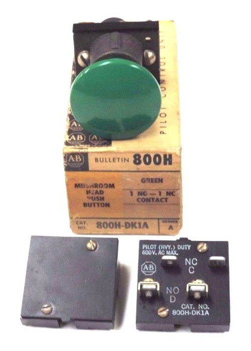 NIB ALLEN BRADLEY 800H-DK1A SER. A GREEN MUSHROOM HEAD PUSH BUTTON 800HDK1A