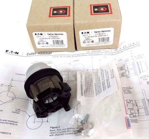 LOT OF 2 NIB CUTLER HAMMER HT8AAH FLUSH BLACK PUSHBUTTONS SER. A1 W/ HT8GR1
