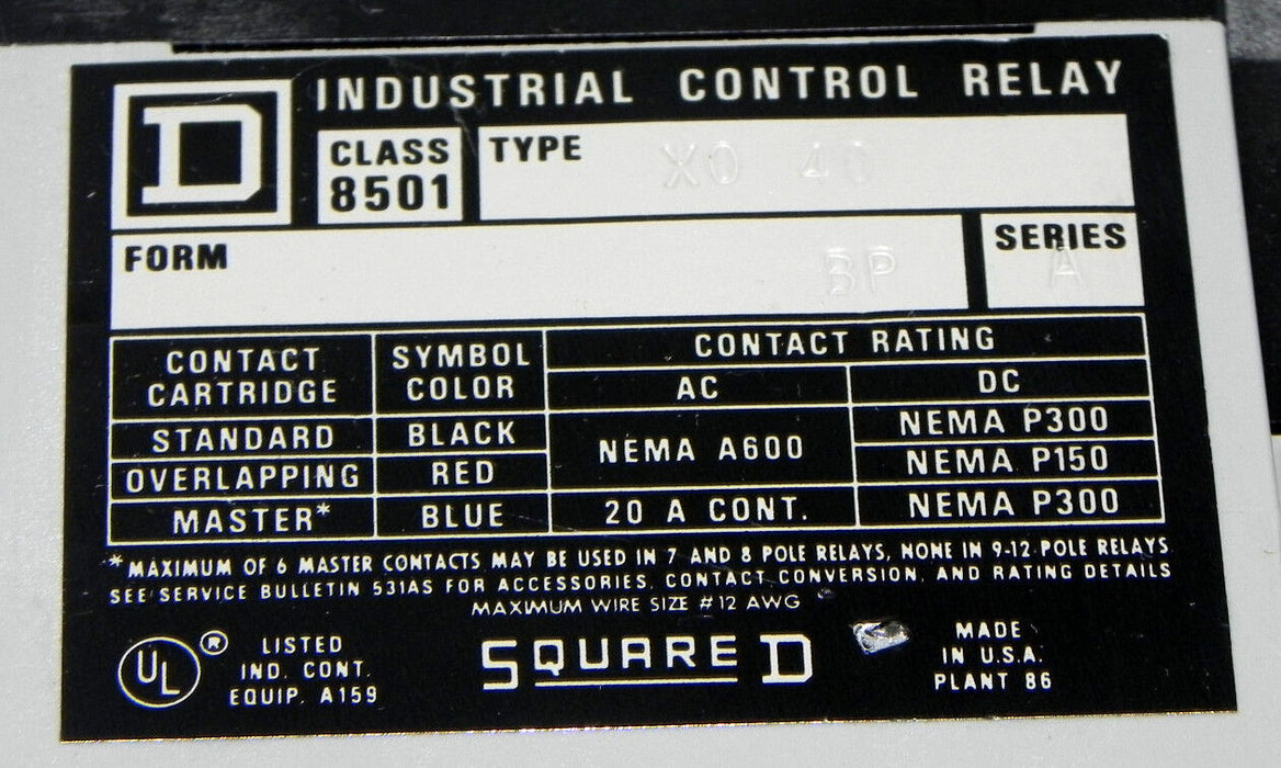 SQUARE D 8501-X040 CONTROL RELAY 8501X040 W/ 9998X44 COIL