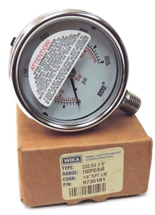 NIB WIKA 232.54 2.5'' GAUGE P/N: 9735181, 1/4'' NPT LM, 1000PSI/BAR