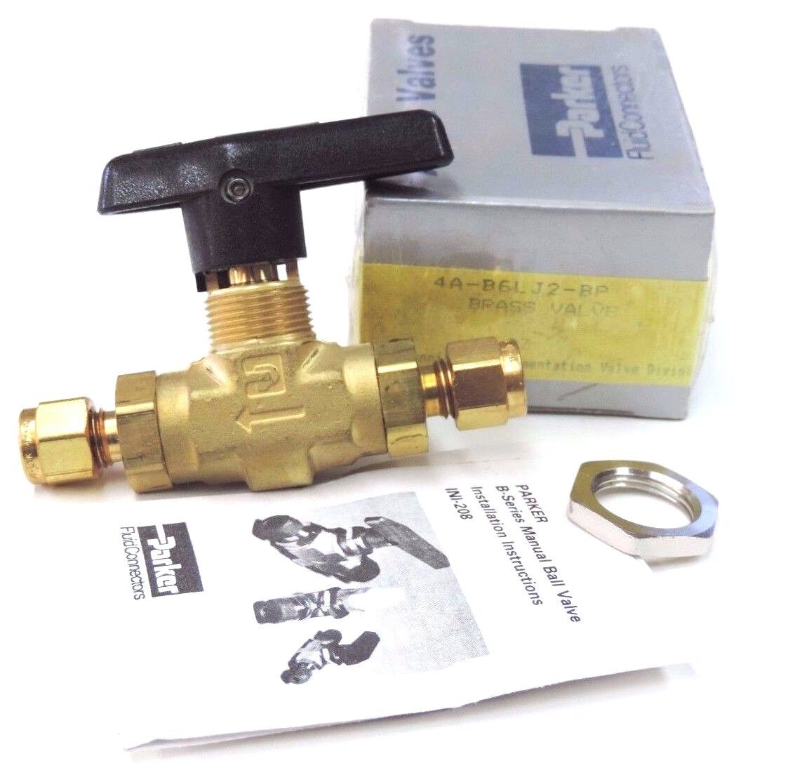 NIB PARKER 4A-B6LJ2-BP 1/4" TWO-WAY B SERIES BRASS BALL VALVE 4AB6LJ2BP