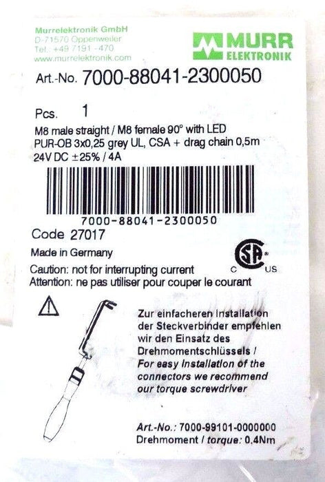 NIB MURR ELEKTRONIK 7000-88041-2300050 M8 MALE/FEMALE CONNECTOR 24VDC, 4A