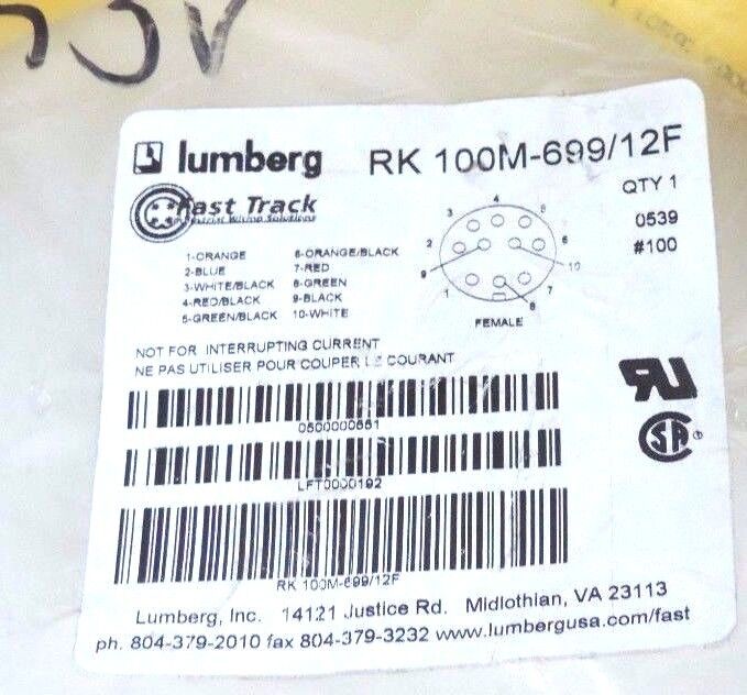 NEW LUMBERG RK100M-699/12F SINGLE ENDED CORDSET RK100M69912F