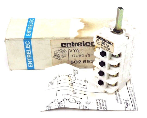 NIB ENTRELEC VY6 T/0801/ST ROTARY SWITCH 600VAC, 6A, 2HP, 3PH, VY6