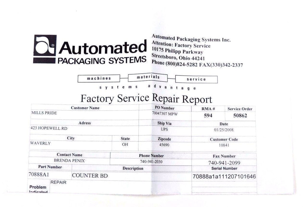 REPAIRED AUTOMATED PACKAGING SYSTEMS 70888A1 COUNTER BOARD B/M-E