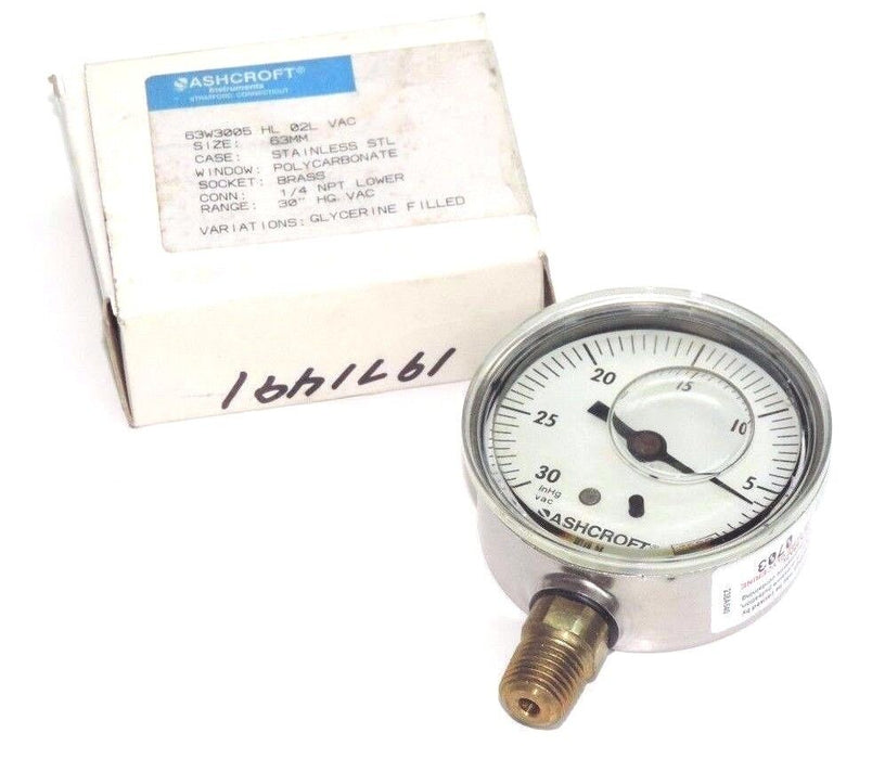NIB ASHCROFT 63W3005 HL 02L VAC PRESSURE GAUGE 30" HG VAC 63MM 1/4" NPT LOWER