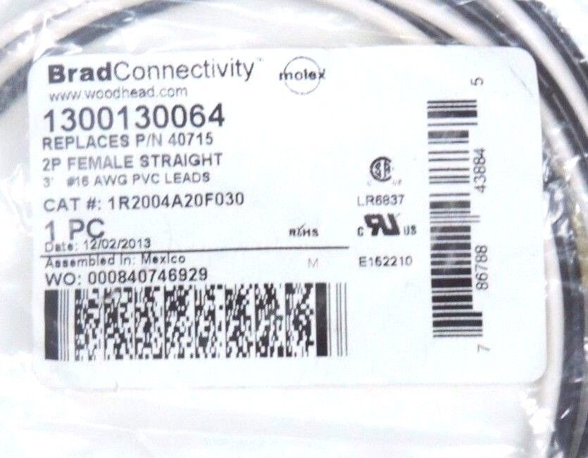 LOT OF 4 NEW WOODHEAD 1300130064 CONNECTORS 2P FEMALE STRAIGHT 3' LEADS