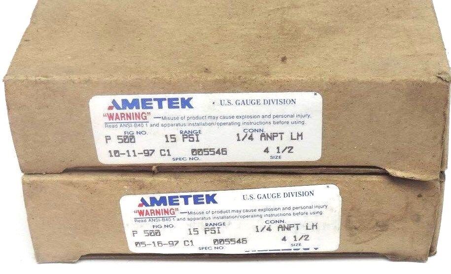 LOT OF 3 NIB AMETEK 005546 PRESSURE GAUGES FIG. NO. P 500 RANGE: 15 PSI, 4-1/2''