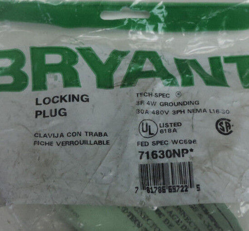 NEW BRYANT 71630NP LOCKING PLUG 3P, 4W GROUNDING, 30A, 480V, 3PH