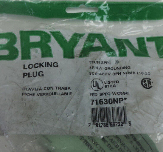 NEW BRYANT 71630NP LOCKING PLUG 3P, 4W GROUNDING, 30A, 480V, 3PH