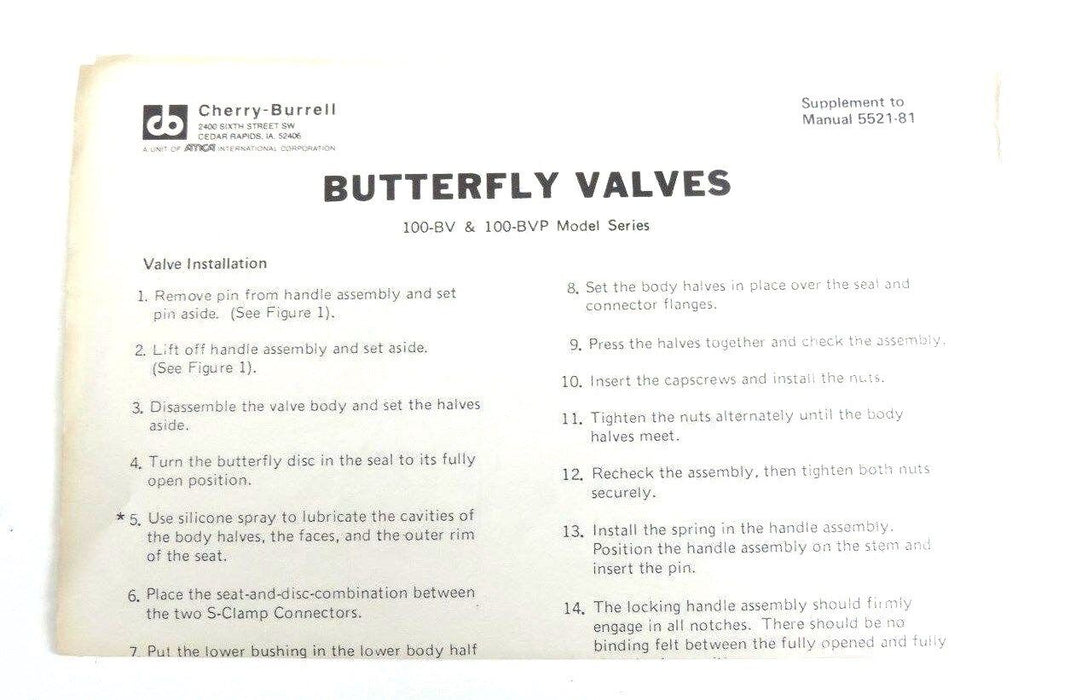 NIB CHERRY-BURRELL 100-BV BUTTERFLY VALVE 3026048, 15-EB, 100BV