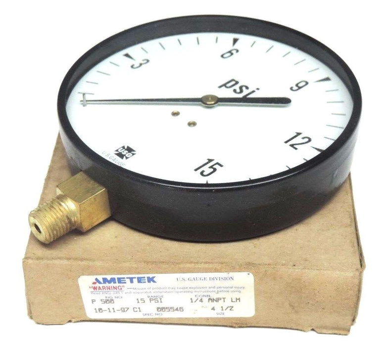 NIB AMETEK P-500 15PSI PRESSURE GAUGE 1/4'' ANPT LM, 4 1/2'' SIZE, 005546, P500