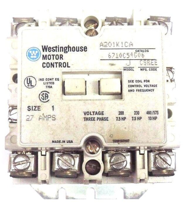 WESTINGHOUSE A201K1CA CONTACTOR MODEL J CSREE 6710C54G06, SIZE 1, 27AMPS