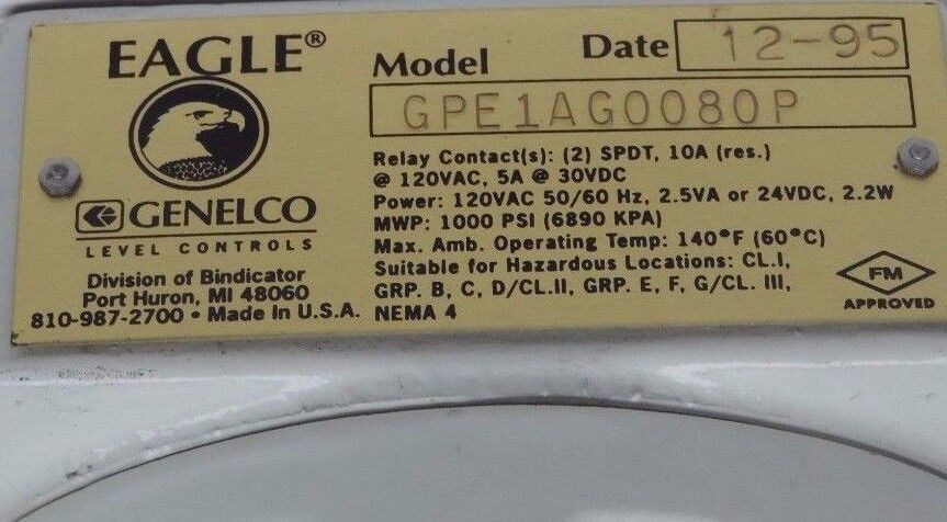 NEW EAGLE GENELCO GPE1AG0080P TRANSMITTER 120VAC 5S 30VDC 1000PSI MAX 11" STEM
