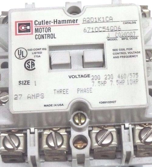 CUTLER HAMMER A201K1CA CONTACTOR MODEL J, 6710C54G06, SIZE 1, 27AMPS