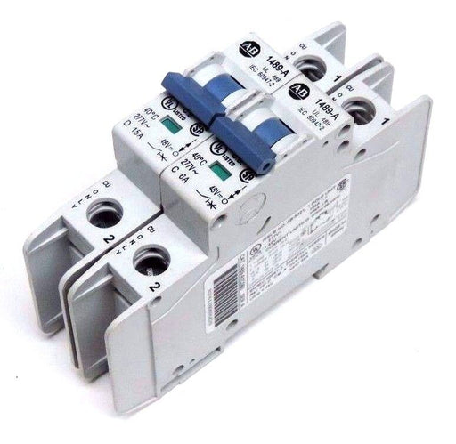 LOT OF 2 ALLEN BRADLEY CIRCUIT BREAKERS 1489-A15150 & 1489-A1C060 SER A, 277V