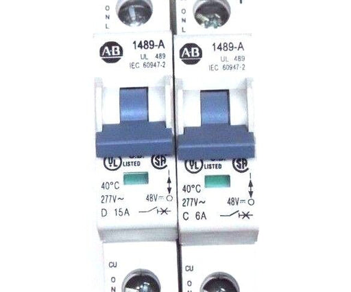 LOT OF 2 ALLEN BRADLEY CIRCUIT BREAKERS 1489-A15150 & 1489-A1C060 SER A, 277V