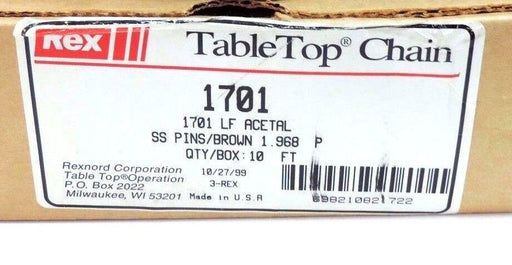 NIB REXNORD 1701-LF ACETAL TABLE TOP CHAIN SS PINS 2.09" WIDTH 1.97" PITCH