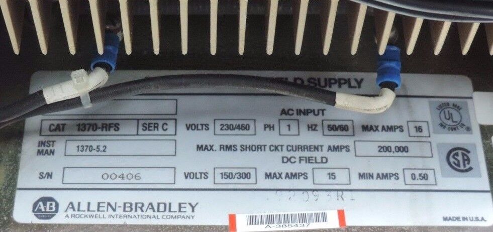 ALLEN BRADLEY 1370-RFS REGENERATIVE FIELD SUPPLY UNIT SER C, 230-460VAC, 16A