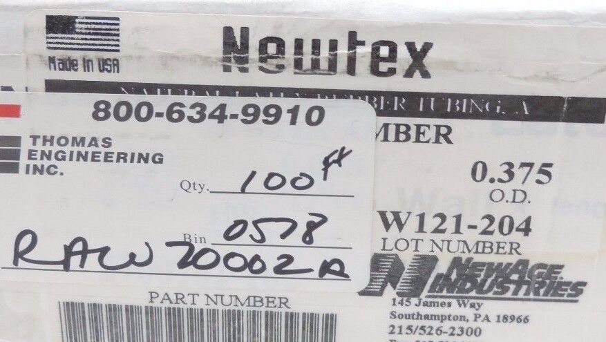 NIB THOMAS ENGINEERING RAW70002A NATURAL LATEX RUBBER TUBING 100FT, 0.375 O.D.