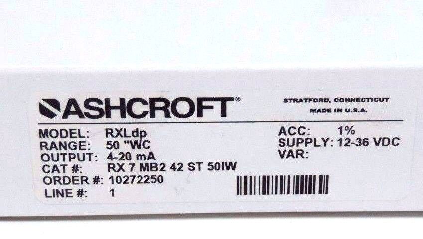 NIB ASHCROFT RX-7-MB2-42-ST-50IW TRANSMITTER 4-20MA, 12-36VDC, RXLDP, 10272250