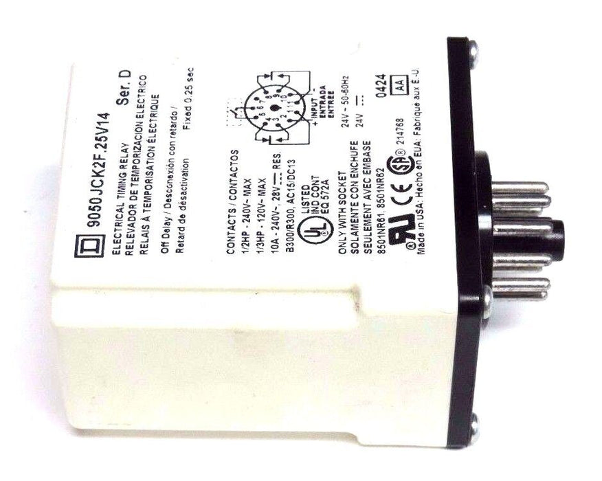 SQUARE D 9050-JCK2F.25V14 SER. D TIMING RELAY 240VAC, 10AMP, 25SEC., 11PIN