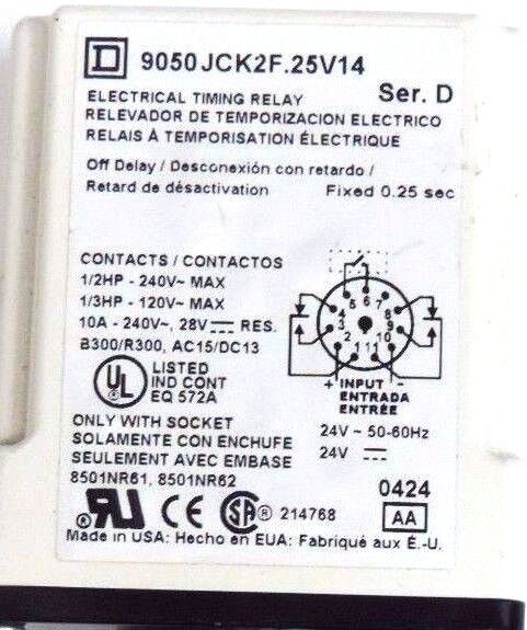 SQUARE D 9050-JCK2F.25V14 SER. D TIMING RELAY 240VAC, 10AMP, 25SEC., 11PIN