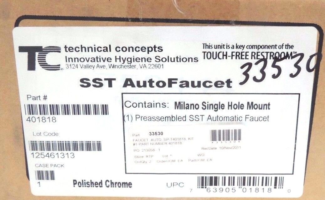 NIB TECHNICAL CONCEPTS 401818 POLISHED CHROME SST AUTOFAUCET MILANO SINGLE HOLE