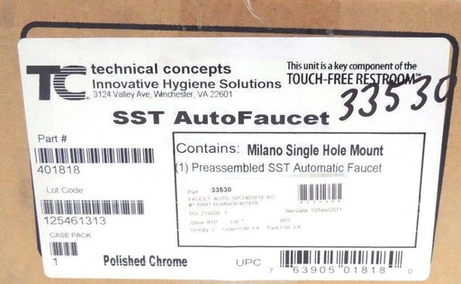 NIB TECHNICAL CONCEPTS 401818 POLISHED CHROME SST AUTOFAUCET MILANO SINGLE HOLE