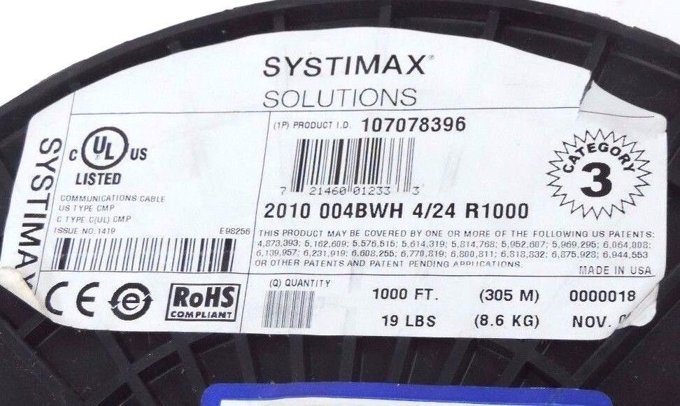 NEW SYSTIMAX SOLUTIONS 107078396 CABLE 2010 004BWH 4/24 R1000, 1000FT