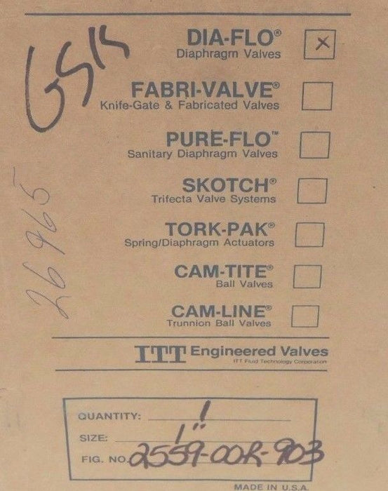 NIB ITT 010-2559-903-00R DIA FLOW VALVE 1" 010255990300R
