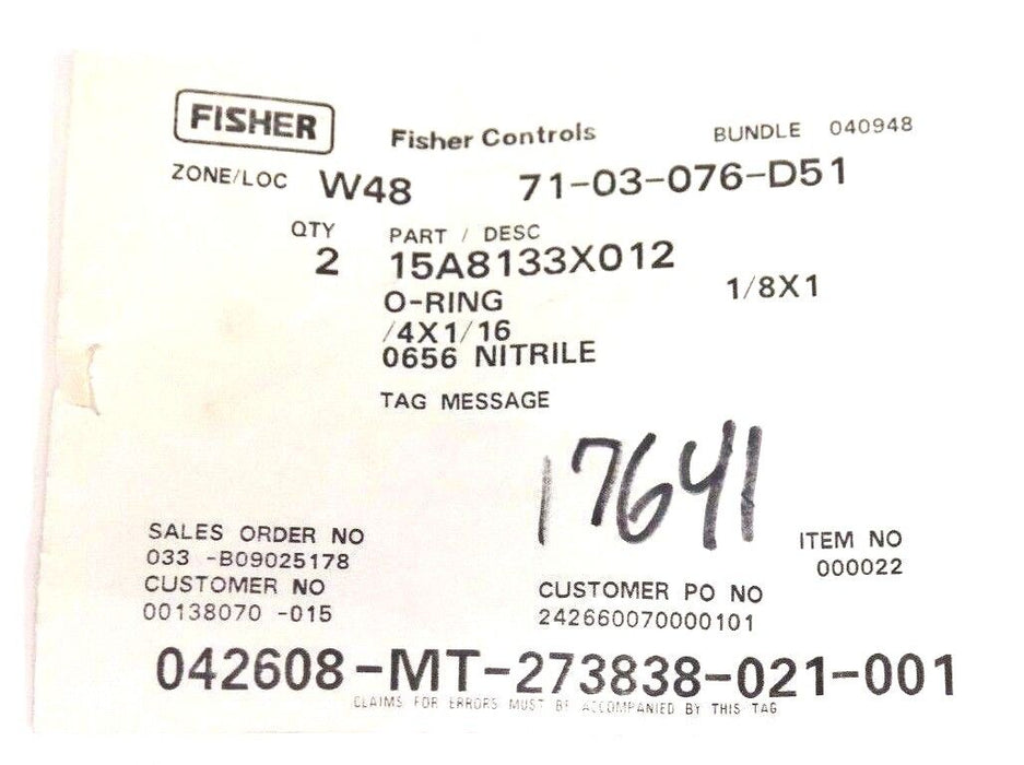 NIB FISHER CONTROLS 15A8133X012 O-RINGS QTY: 2