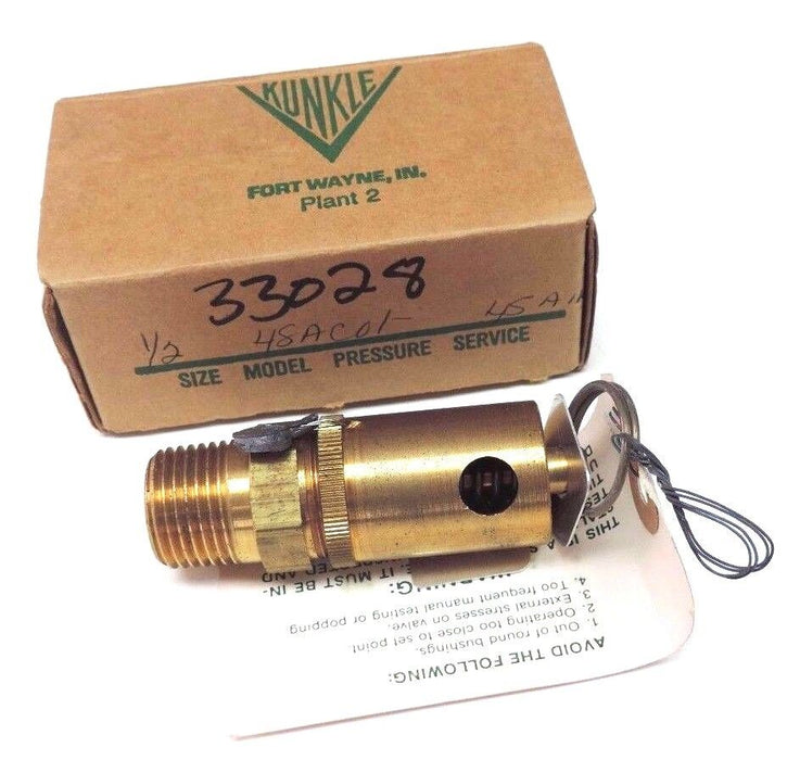 NIB KUNKLE 48AC01 SAFETY VALVE SIZE: 1/2'' SET 45 PSI
