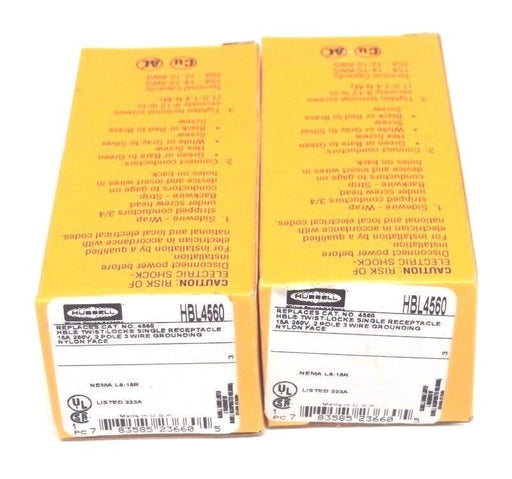 LOT OF 2 NIB HUBBELL HBL4560 TWIST LOCK SINGLE RECEPTACLES 15A, 225V, NYLON FACE