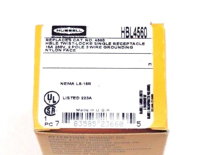 LOT OF 2 NIB HUBBELL HBL4560 TWIST LOCK SINGLE RECEPTACLES 15A, 225V, NYLON FACE