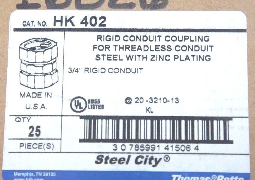 BOX OF 25 NEW THOMAS & BETTS HK-402 RIGID CONDUIT COUPLINGS 3/4" HK402