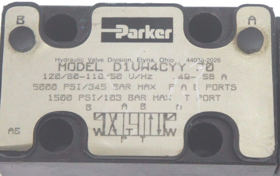 PARKER D1VW4CYY-70 SOLENOID VALVE 110-120V, 50/60HZ, 49-58A, 5000PSI MAX