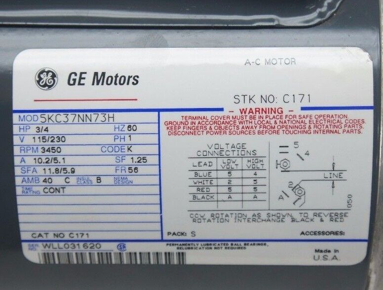 NEW GE MOTORS 5KC37NN73H ELECTRIC MOTOR 3/4HP, 3450RPM, 115/230V, 60HZ