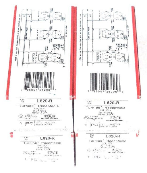 LOT OF 4 NIB PASS & SEYMOUR L620-R TURNLOK RECEPTACLES 20A 250V 2P 3W L620R