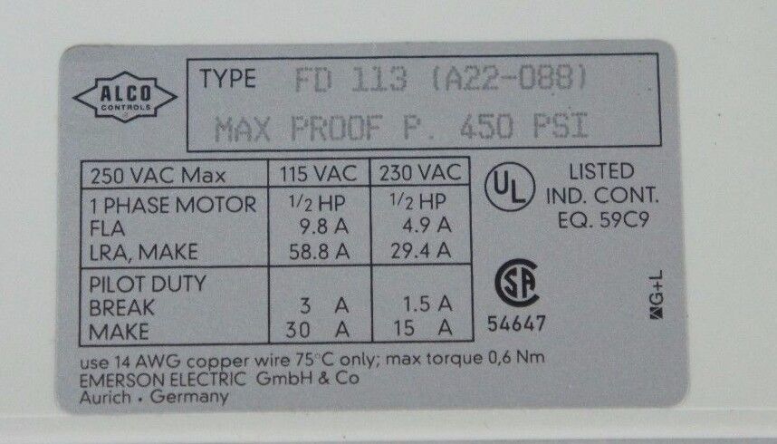 NIB TRANE ALCO CONTROLS FD113 (A22-088) SAFETY CONTROL MAX PROOF P 450PSI