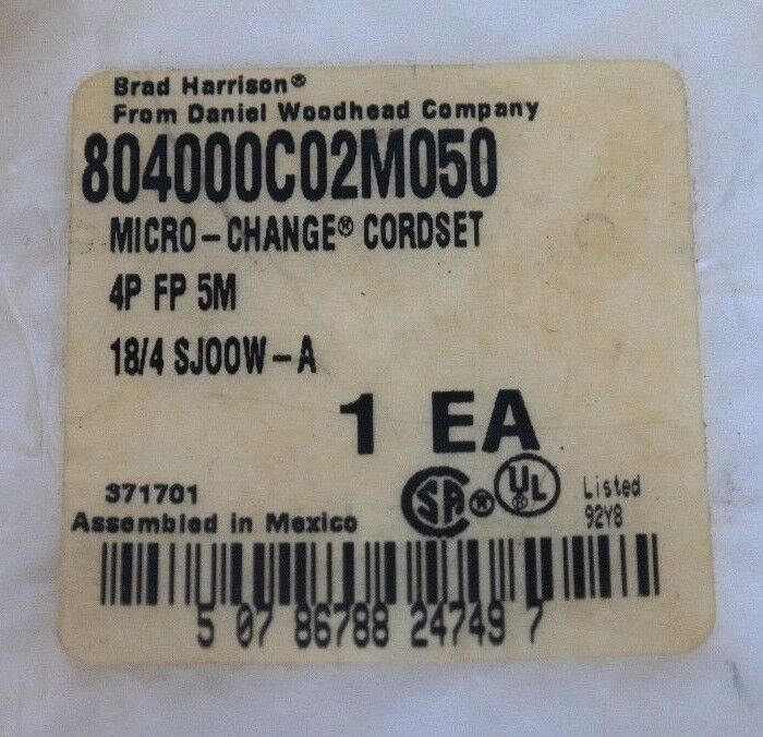 NEW BRAD HARRISON 804000C02M050 MICRO-CHANGE CORDSET 4P FP 5M 18/4 SJOOW-A