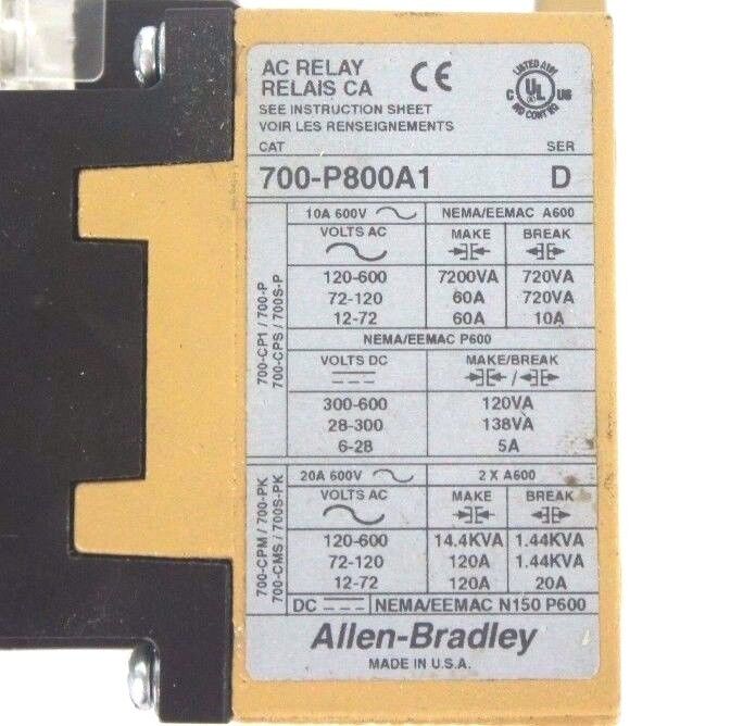 ALLEN BRADLEY 700-P800A1 TYPE P CONTROL RELAY SER D 700P800A1, 115-120V